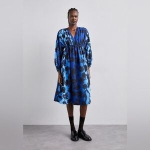 Stine Goya Veroma Dress XS | Blue Black Anemone Print A-Line Midi NWT